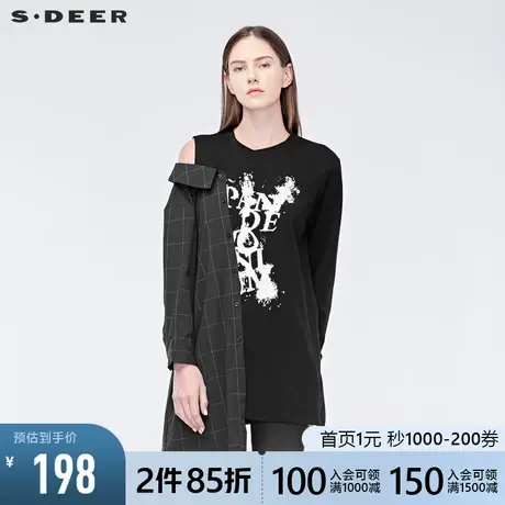 sdeer圣迪奥春夏原创设计不对称露肩格纹拼接长袖T恤潮S19180220商品大图