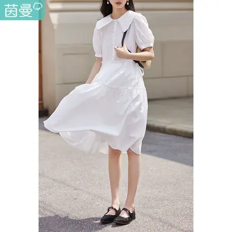 茵曼娃娃花边披肩领连衣裙女士2023夏季新款显瘦泡泡袖收腰伞裙子图片