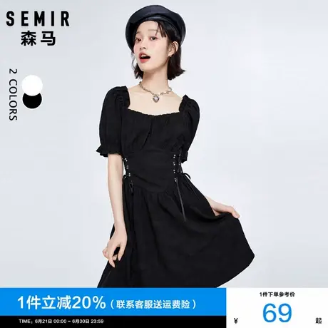 森马连衣裙女2024夏季新款绑带法式泡泡袖公主裙收腰方领黑色裙子图片