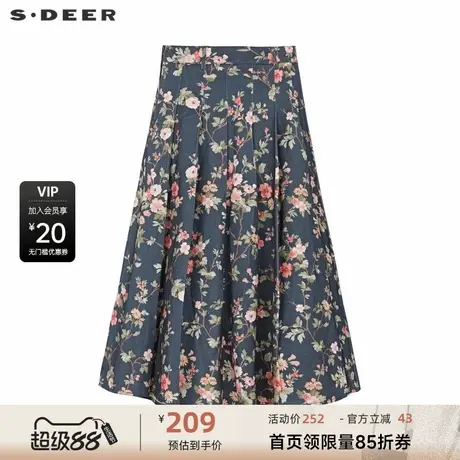 【新品上新】sdeer圣迪奥女装复古高腰印花压褶A字伞裙S234Z1108图片