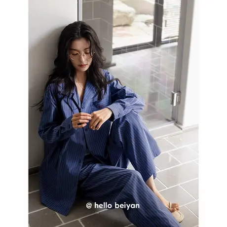 贝妍春秋季柔软棉睡衣女长袖家居服休闲时尚翻领开衫大码条纹套装商品大图