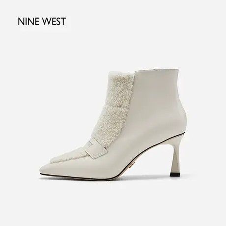 Nine West/玖熙羊羔毛拼接高跟短靴2023冬新款复古法式高级时装靴图片