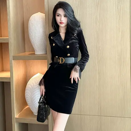 洋气时髦高级感腰带西装连衣裙女春季轻奢名媛风长袖丝绒包臀短裙图片