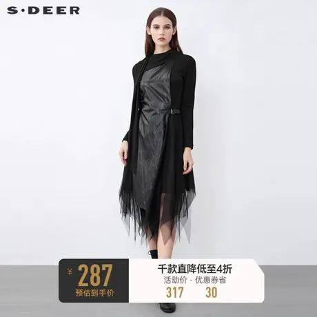 sdeer圣迪奥冬装圆领拼接网纱不规则长袖连衣裙S21481207图片