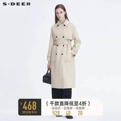 sdeer圣迪奥冬季休闲翻领双排扣收腰双面呢长款大衣女S20461818图片