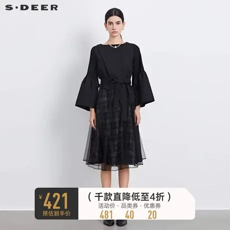 sdeer圣迪奥女装圆领压褶收腰格纹网纱连衣裙S233Z12AS图片