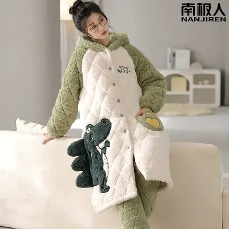 珊瑚绒睡衣女款冬季三层夹棉加绒加厚趣味睡袍女秋冬款2023年新款图片