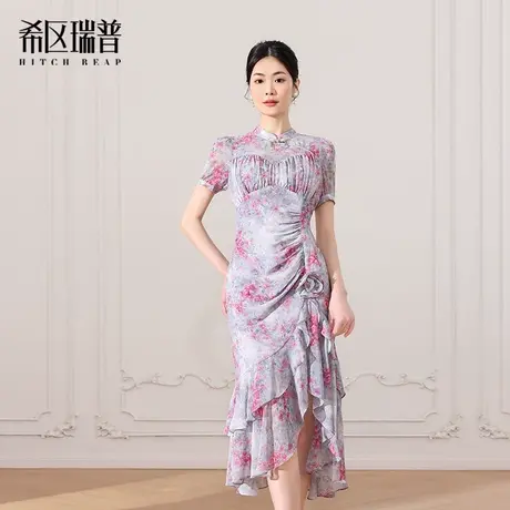 希区瑞普2025夏新品新中式短袖改良旗袍荷叶边雪纺碎花连衣裙图片