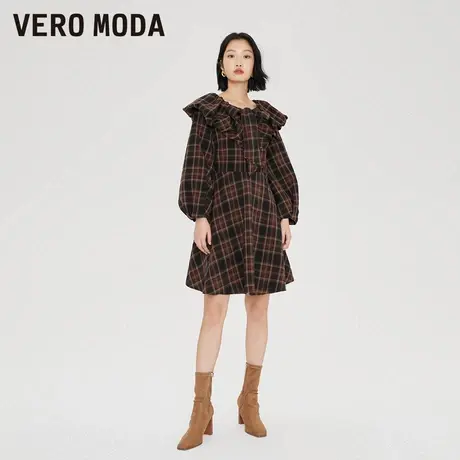 Vero Moda奥莱连衣裙秋冬清仓乖巧甜美格纹A字花瓣领复古裙子女图片