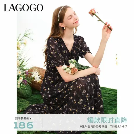LAGOGO法式波点碎花连衣裙女拉谷谷夏季新款气质V领雪纺A字中长裙图片