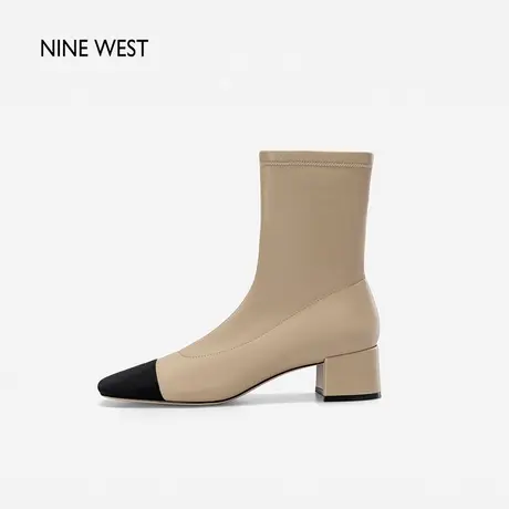 Nine West/玖熙小香风拼色短靴瘦瘦靴秋冬新款方头粗跟踝靴时装靴图片