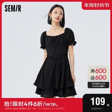森马连衣裙女设计感绑带木耳边2023夏新款复古法式方领短裙宫廷风图片