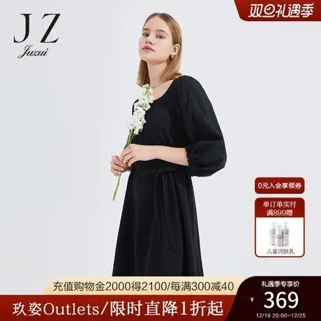 JZ玖姿复古法式小黑裙拼接女装2022夏季新款系带收腰提花中长裙图片