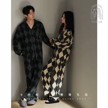 妮狄娅情侣睡衣女秋季柔软棉长袖开衫款男时尚休闲春秋家居服套装图片