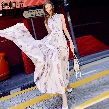 DPLAY德帕拉夏款欧美白底印花木耳边领露肩系带大摆雪纺裙图片