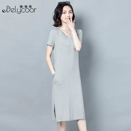 灰色莫代尔短袖连衣裙女夏宽松直筒外穿中长款裙子V领遮肚打底裙图片