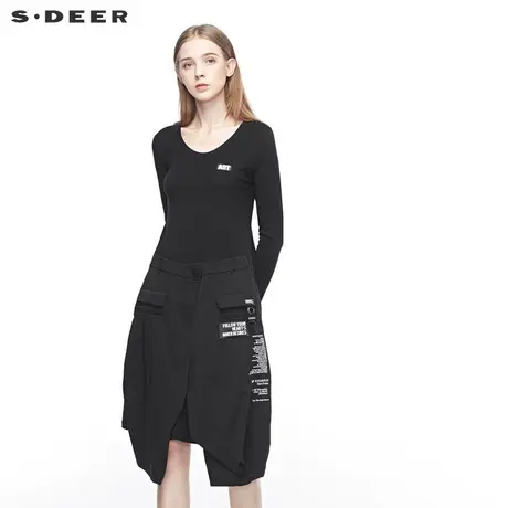 sdeer圣迪奥春秋原创撞色字母工装拼接不规则摆连衣裙潮S19381220图片