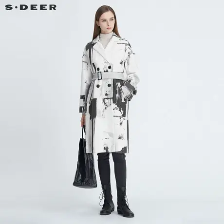 sdeer圣迪奥冬季西装领黑白印花双排扣收腰毛呢大衣女S20481843图片