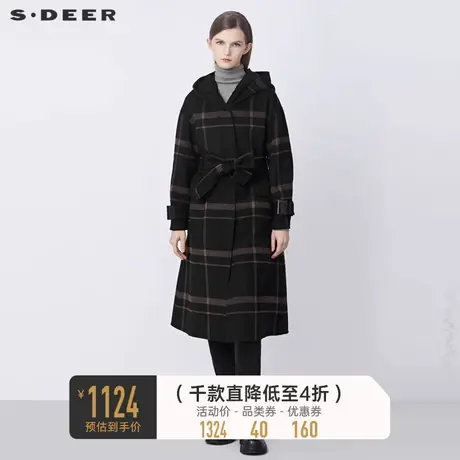sdeer圣迪奥秋冬连帽格纹开襟马甲两件毛呢大衣S21481834图片