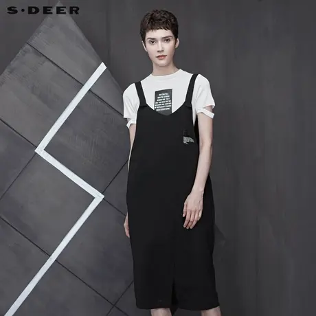 sdeer圣迪奥夏季撞色字母解构拼接开衩下摆大码背带裙女S19261225图片