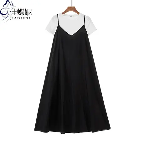 夏季新款宽松休闲纯色简约两件套上衣短袖打底吊带背心连衣长裙女图片