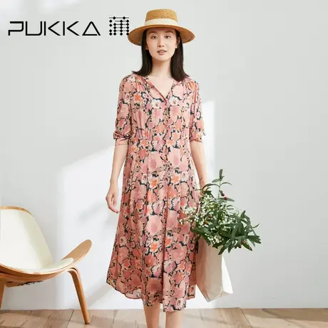 蒲PUKKA 原创设计2023夏季新品桑蚕丝印花宽松法式V领显瘦连衣裙图片