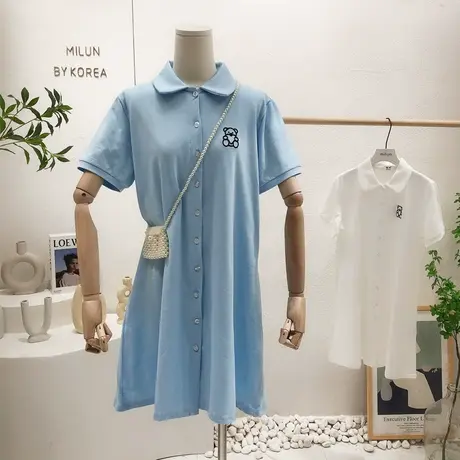 学院风甜美连衣裙2022夏季新款韩国东大门刺绣小熊Polo领裙子显瘦图片