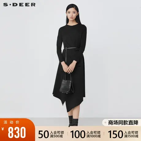sdeer圣迪奥2021秋冬新品圆领拼接收腰不规则长袖连衣裙S21481222图片