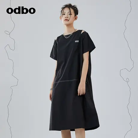odbo露肩明线装饰短袖黑色连衣裙女夏季2022年新款设计感宽松裙子图片