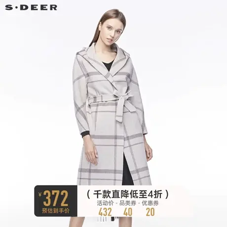 sdeer圣迪奥冬季开襟英伦格纹收腰插袋连帽长款风衣女S19481830图片