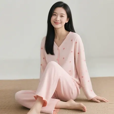 顶瓜瓜摇粒绒睡衣女秋冬季加绒开襟V领家居服套装可外穿宽松睡衣图片