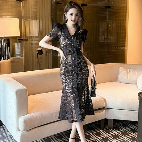 职业翻领高级感蕾丝连衣裙夏季轻奢气质女神御姐风修身包臀鱼尾裙图片