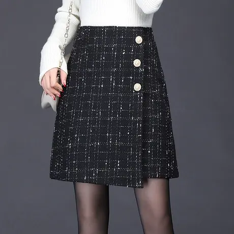 不规则格子短裙女秋冬职业裙2023新款小香风包臀a字裙显瘦半身裙图片