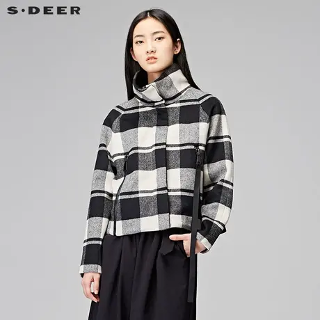 sdeer圣迪奥女装低调格纹时尚拼接飘带占领短款毛呢外套Y17482213图片
