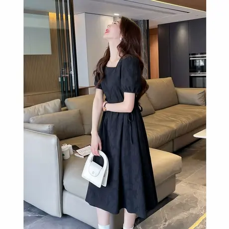 唐狮方领黑色连衣裙女夏季新款长裙高级感法式时尚百搭裙子r2图片