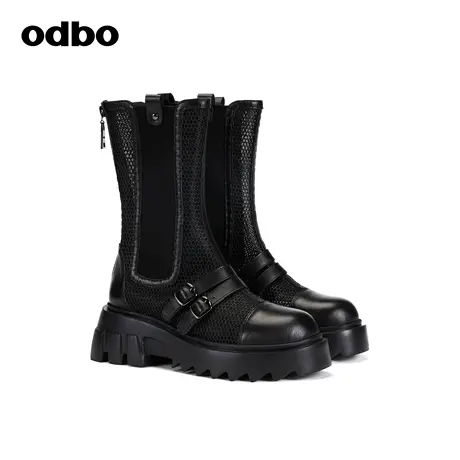 odbo/欧迪比欧odbo 暗黑风工装织网牛皮中筒靴女2023新款真皮靴子图片