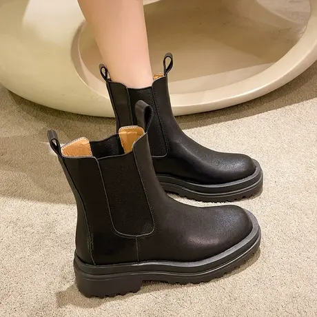 网红同款机车厚底马丁靴女2022松糕黑色烟筒中筒靴粗跟切尔西短靴图片