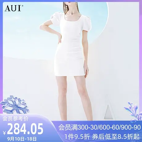 AUI白色名媛气质修身连衣裙女2023春夏新款设计感小众泡泡袖裙子图片