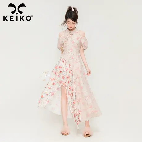 KEIKO 新中式旗袍改良连衣裙夏季新款温婉性感开叉碎花挂脖长裙子图片