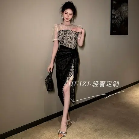 御姐风独特漂亮超好看蕾丝连衣裙女印花撞色轻奢风小众修身包臀裙图片