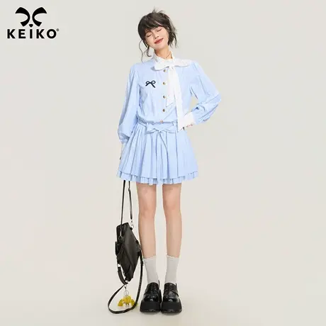 KEIKO 漂亮蝴蝶结系带收腰连衣裙25秋季miu系气质蓝色条纹衬衫裙图片