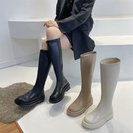 永希长筒靴女2023春秋季新款高级气质英伦风瘦瘦靴粗跟厚底骑士靴商品大图