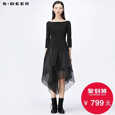 sdeer圣迪奥2018秋装简约裁片不规则网纱两件套连衣裙女S17181206图片