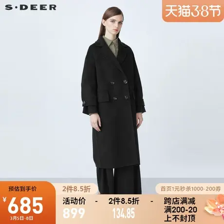 sdeer圣迪奥2021冬装新品休闲西装领双排扣格纹毛呢大衣S21461807图片
