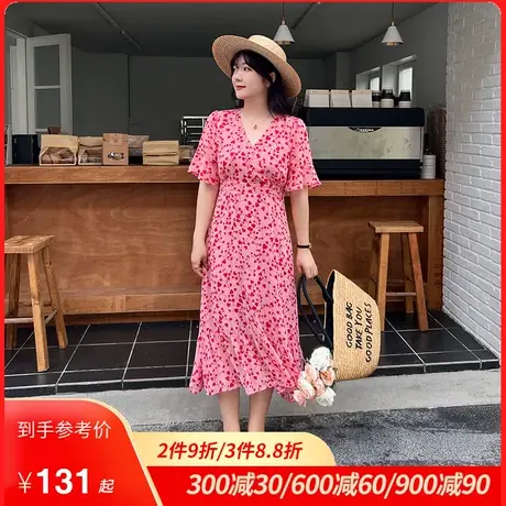 绮娑大码v领雪纺碎花连衣裙女2023夏季收腰显瘦海边度假风裙子图片