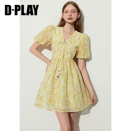 DPLAY2023夏新法式度假风黄调繁花V领系带泡泡袖重工机绣蓬蓬裙图片