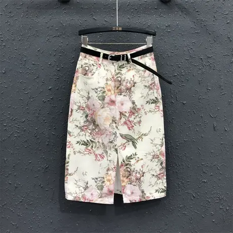 国风开叉优雅港味半身裙女2025夏季新款印花高腰中长款包臀牛仔裙图片