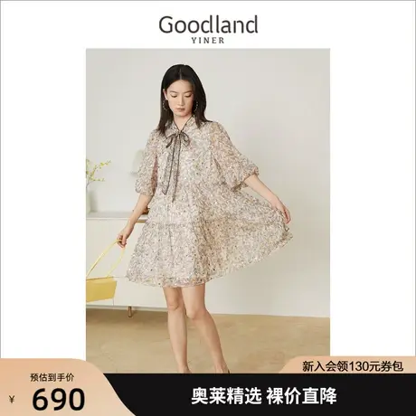 【娃娃裙】音儿美地女装2022夏蝴蝶结领雪纺碎花仙女连衣裙图片