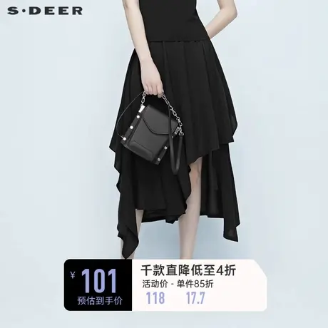 sdeer圣迪奥女装夏装黑色不规则搭片飘带雪纺半身裙长裙S20281109图片