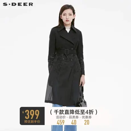 sdeer圣迪奥女装翻领印花收腰双排扣长款风衣S22181814图片